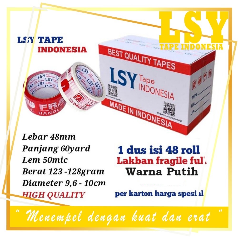 

LSY 1Dus Grosiran 48roll Lakban Fragile Putih Full 48mm x 60yard Full 50mic