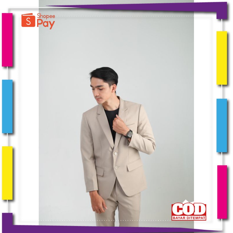 PREMIUM KOREAN STYLE / Mubeng Elegant Jas Slimfit Cream / Jas pria Slimfit (FREE COVER JAS EKONOMIS)