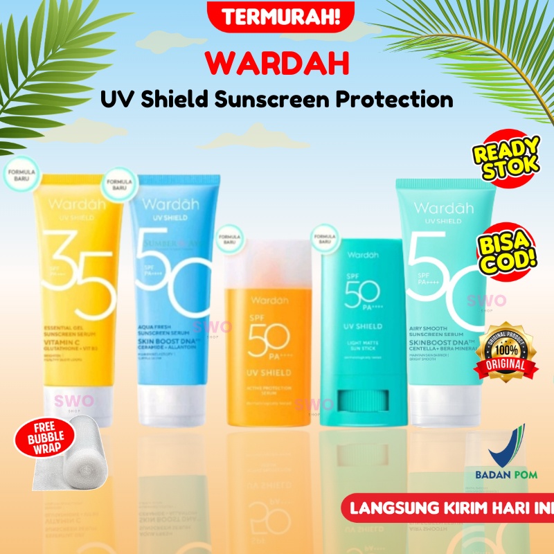 Wardah UV Shield Sunscreen Essential Gel SPF 30 | Aqua Fresh Essence Active Protection Serum | SPF 5