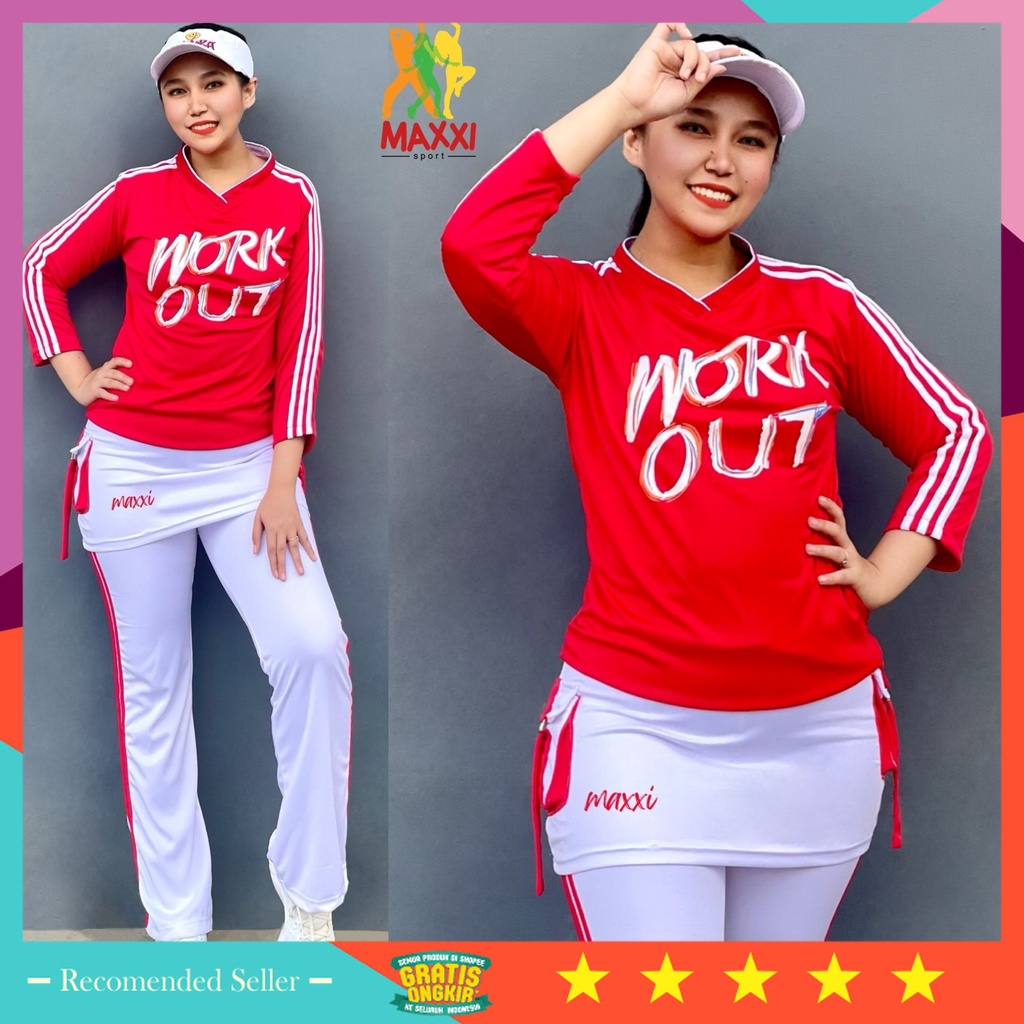 ⭐⭐⭐⭐⭐ Promo COD Baju Olahraga Muslimah Wanita Zumba Aeoribik Murah / Set Baju Senam Rok Merah Putih 