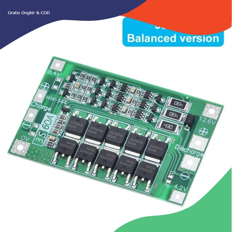 BMS 3S 12V 60A Papan PCB Pelindung Plus Balance Baterai Lithium 18650