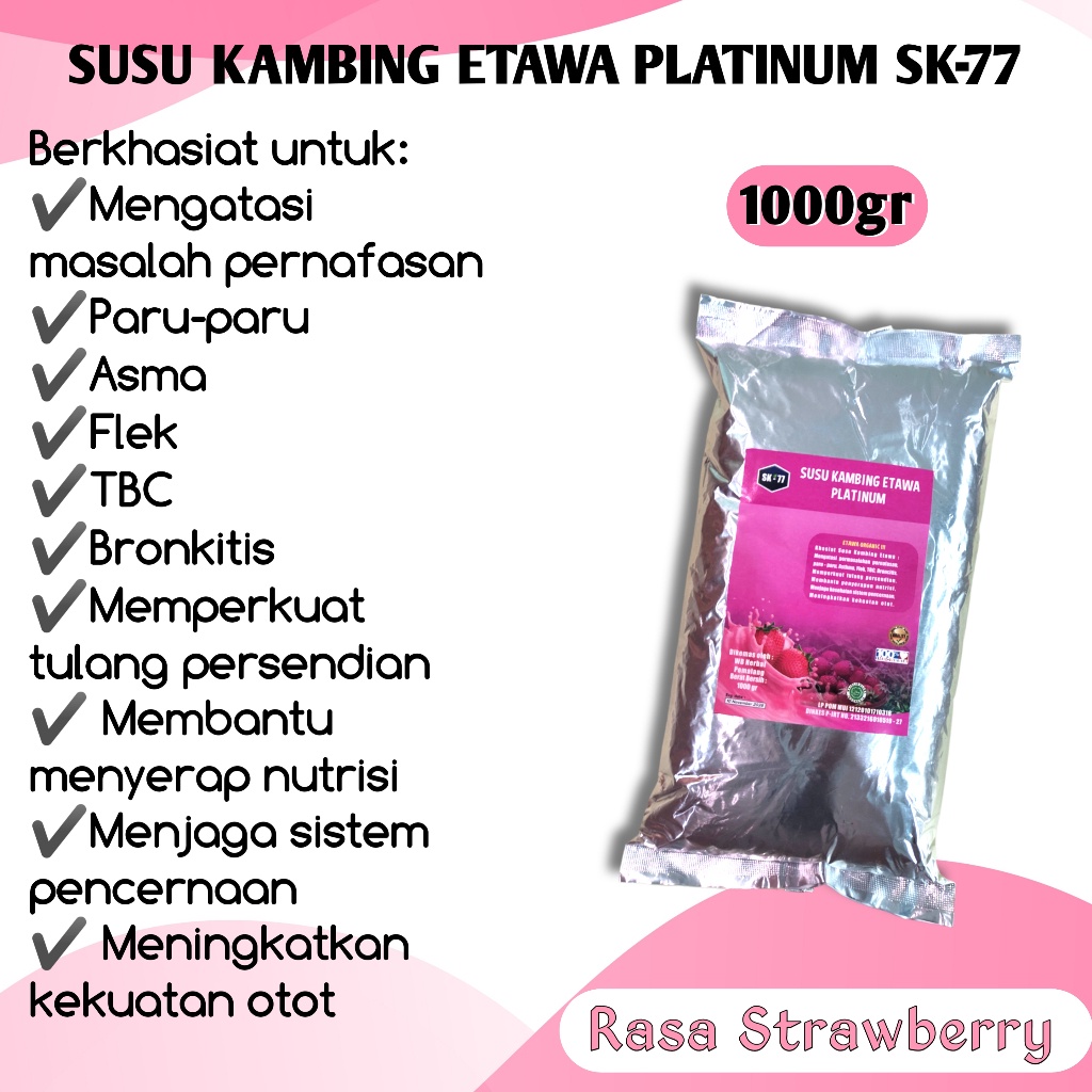 

BARU SUSU KAMBING ETAWA SK77 PLATINUM RASA STROBERI 1KG