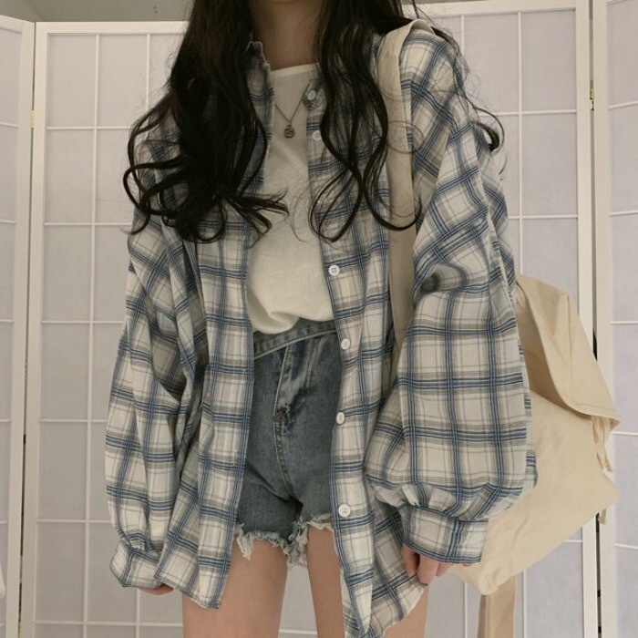 Kemeja Korea Jumbo Wanita - Kemeja Kotak Kotak Wanita - Kemeja Oversize