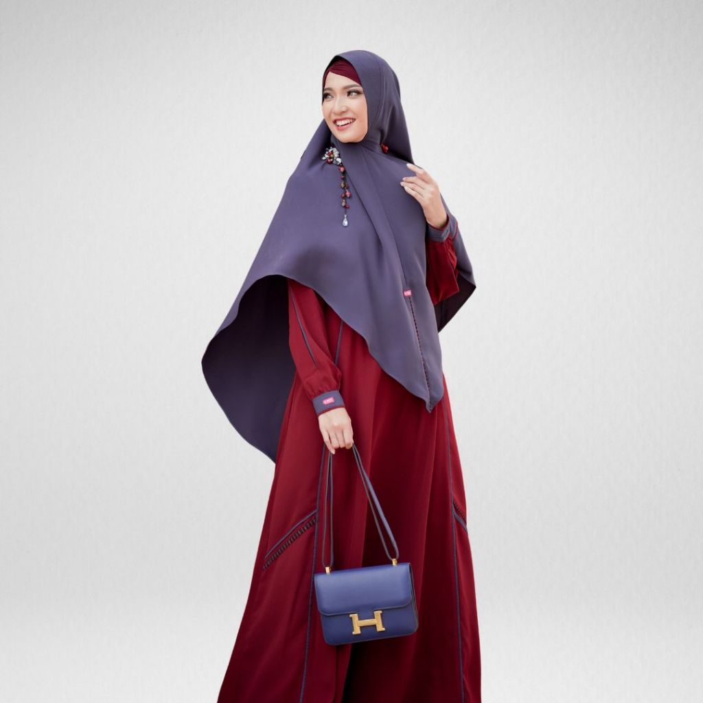 ORI Aulia Fashion Maira Set Gamis Bahan Nirmala Warna Maroon Dark Grey