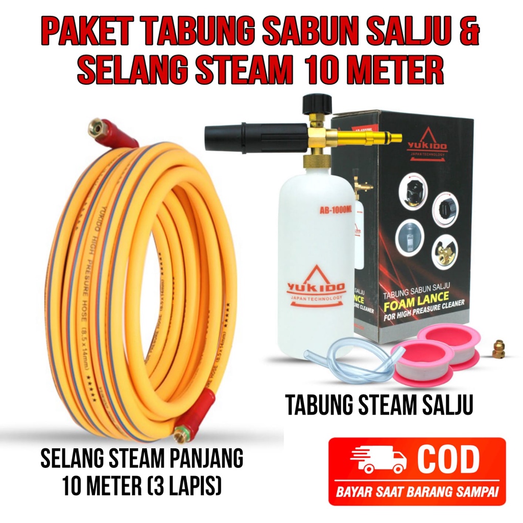PAKET STEAM SALJU Selang Steam 10 Meter + Tabung Salju Alat Semprot Busa Salju cuci mobil motor Foam