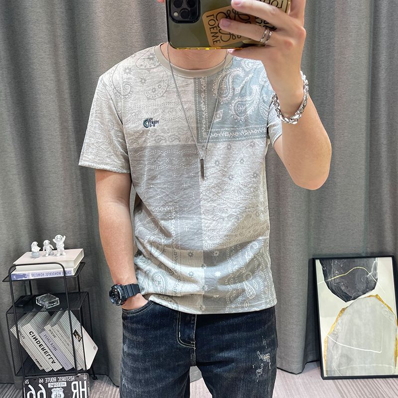 Men's Lightweight Short sleeved T-shirt 2023 Summer New Tencel Cotton and Hemp High end Men's Slim F