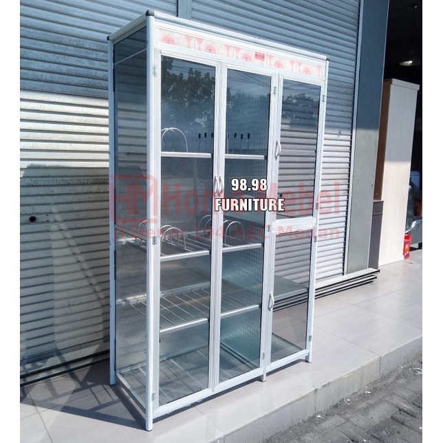 [MEDANHOME] Rak Piring 3 Pintu Kaca Polos Hitam - Lemari Sayur Kaca - Lemari Piring Kaca 3 Pintu