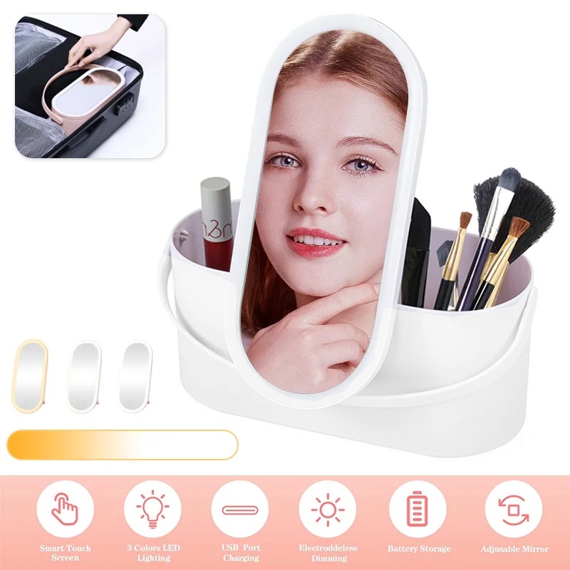 Cermin Lampu LED Makeup Travel Box Make Up Meja Dengan Lampu Kosmetik Penyimpanan