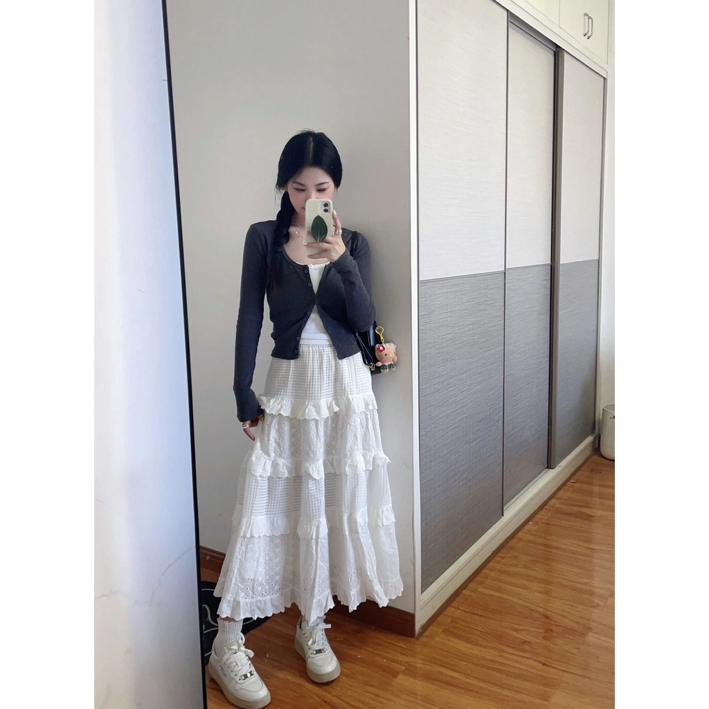 Rok Kue Putih Berenda Rok A-Line Rajutan Berongga Panjang Menengah Tirai Pinggang Tinggi Musim Panas