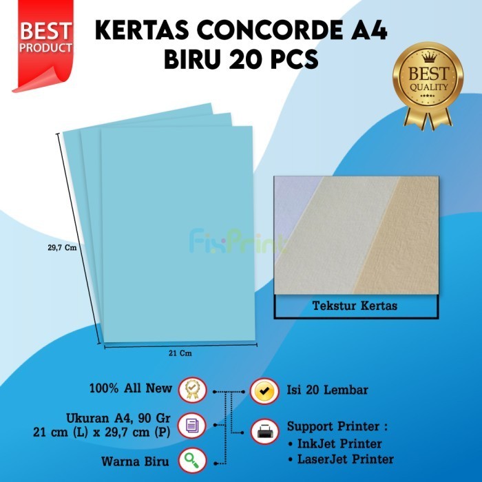 

Kertas Concorde A4 90gr 1 pack isi 20 Lembar 210mm x 297mm Merah Biru Kuning Pink