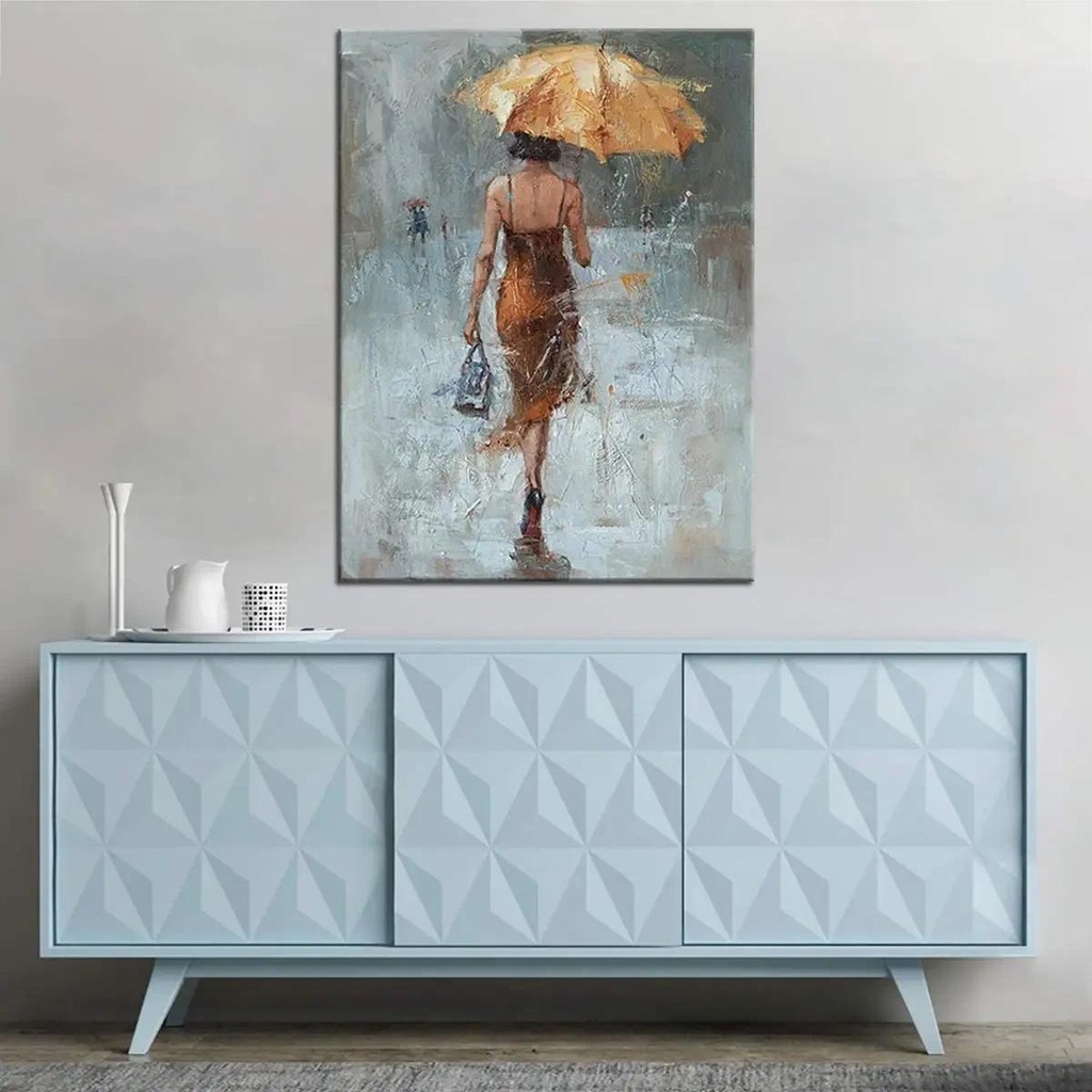 

Canvas Wall Art Girl Umbrella With Khaki Dress Walking in Street Rain Painting Modern Art Canvas AbstractLiving Room Decoration