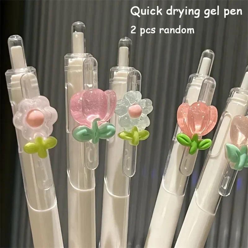 

2 Pcs Kawaii Florid Gel Pens Black Ink Aesthetic Accessories Write Smoothly School Supplies Japanese Cute Stationery