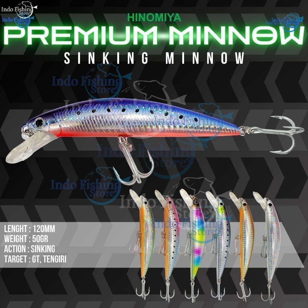 Umpan HINOMIYA Premium Minnow Sinking 12cm 50gr Mancing Ikan Tengiri GT Tribble Hook VMC Kuat Tajam