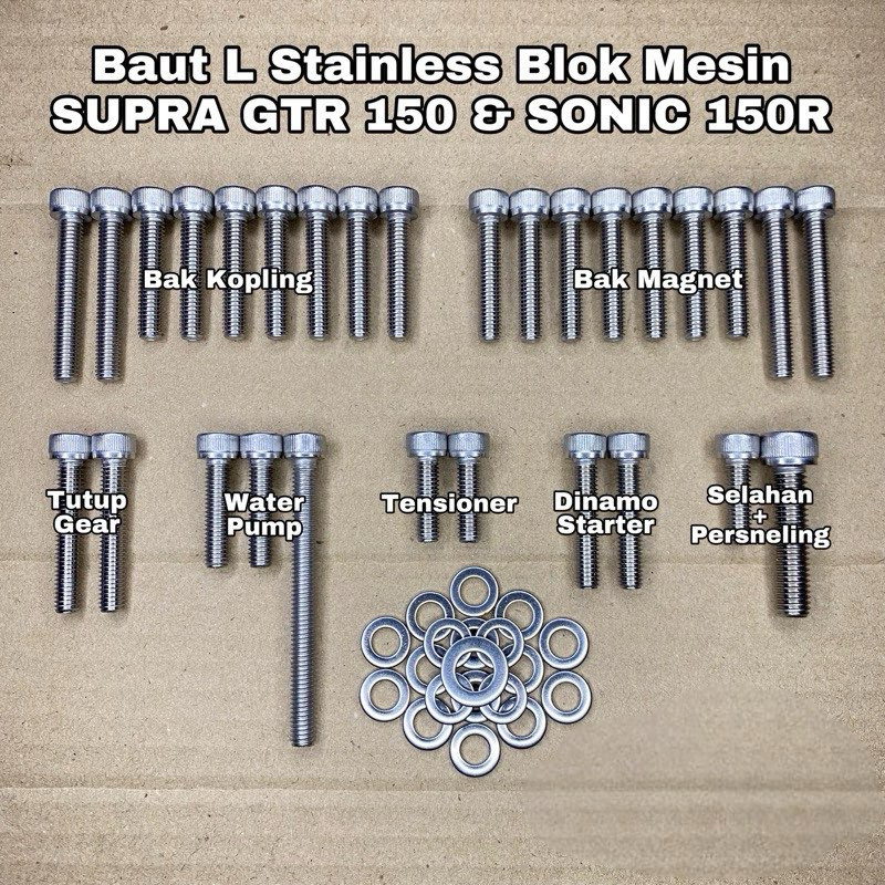 Baut L Blok Mesin SUPRA GTR 150 & SONIC 150R Fullset Crankcase Baut L Stainless Anti Karat 100% Stai