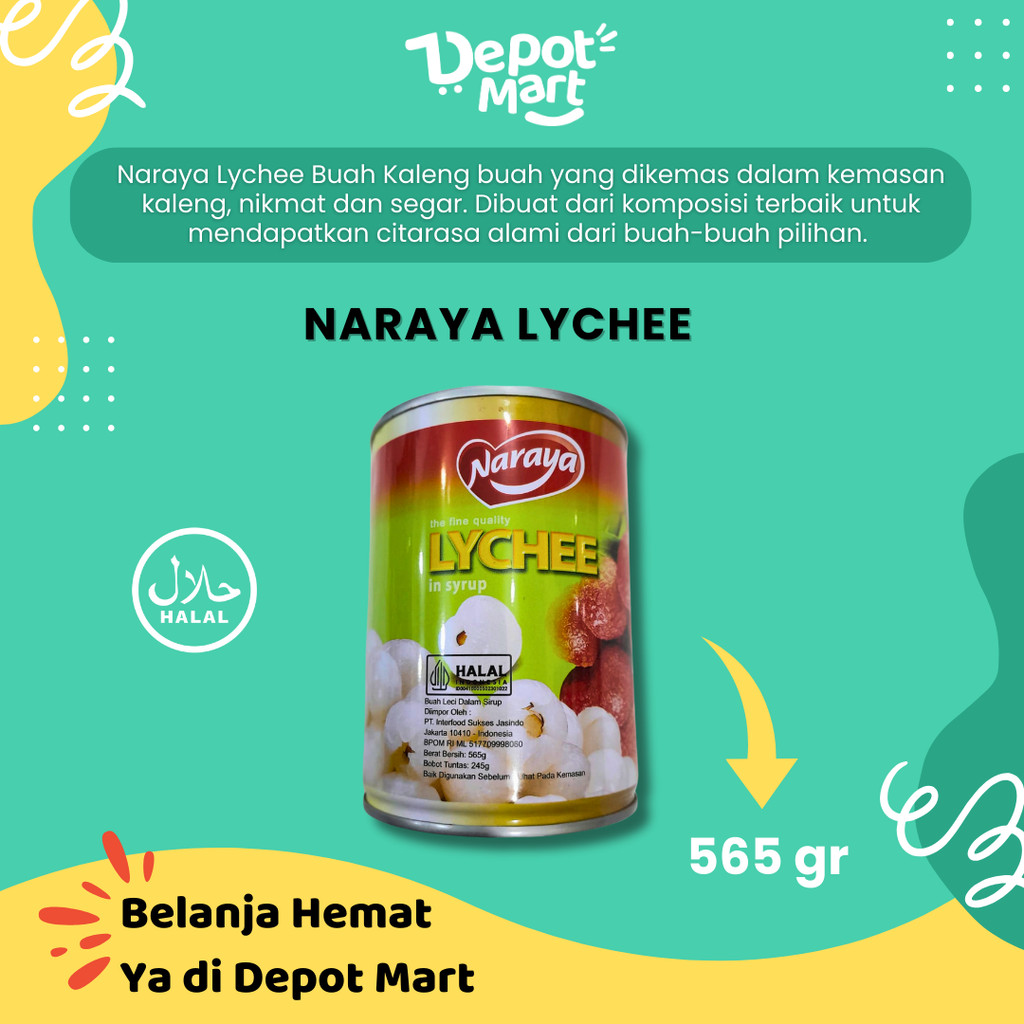 

Naraya Buah Lychee / Lyche / Leci / Kaleng Syrup 565 gram Depot Mart