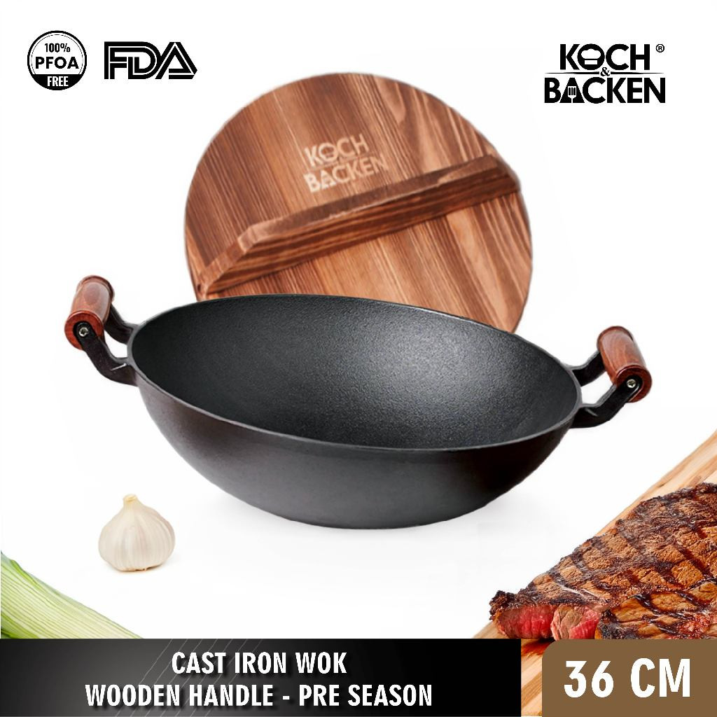 KOCH&BACKEN Cast Iron Wok Flat Bottom With Wooden Handle and Lid - Wajan Penggorengan Panci Besi Cor