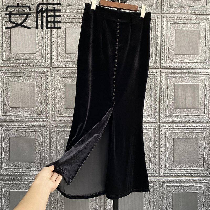 European Vintage High Waist Gold Velvet Half Dress for Women