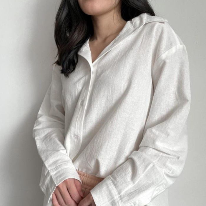 ✨LARIS✨-Kemeja Linen Wanita Oversize Panjang - Atasan Erigo Oversized Shirt - Putih