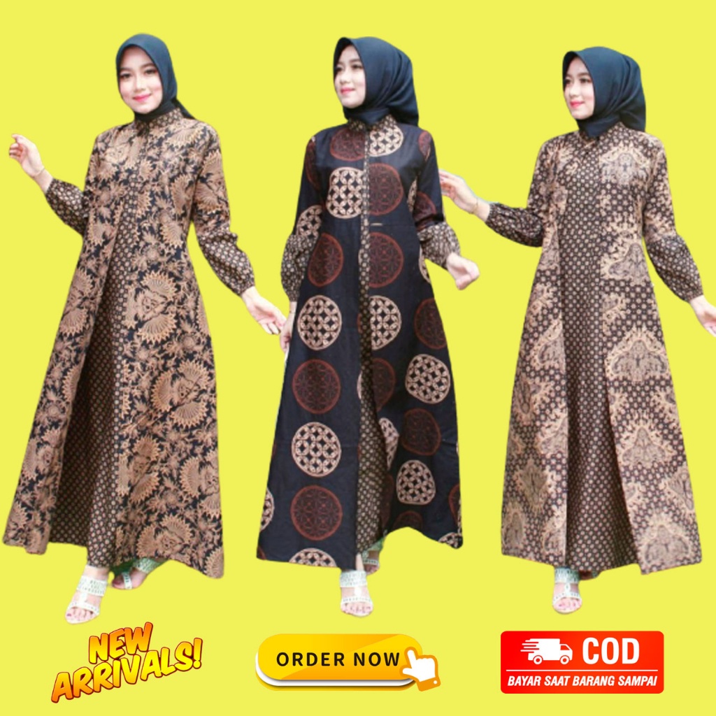 Baju Gamis Batik Wanita Modern Kombinasi Polos Pekalongan Jumbo Lebaran Terbaru// GAMIS BATIK NASIONAL