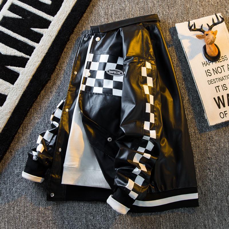 Men's American style patchwork checkerboard leather jacket jacket jacket