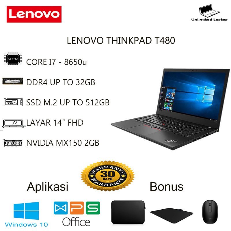 LAPTOP LENOVO THINKPAD T480 CORE i5 i7 GEN 8 DUAL VGA NVIDIA GEFORCE MX150 DDR5 2GB