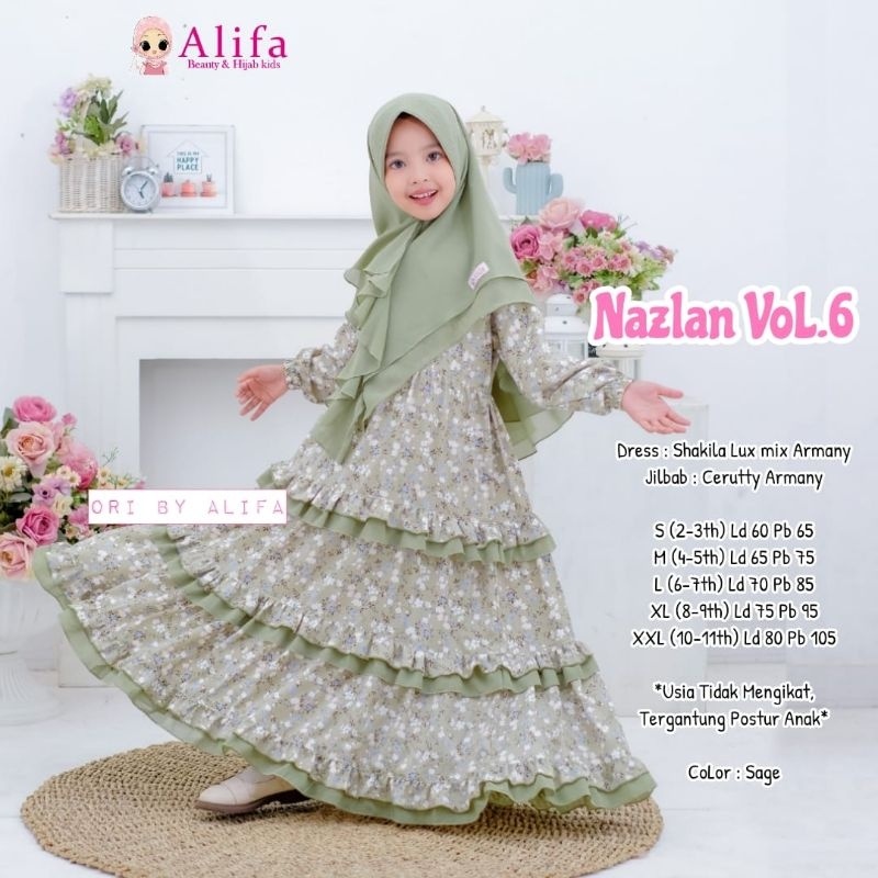 (SETELAN GAMIS+JILBAB KIDS) Nazlan flower kids gamis anak by Alifa