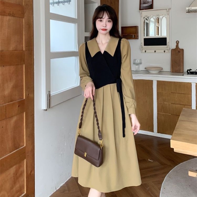 Dress Khaki Leher Kerah Lebar Victorian dress vintage M454