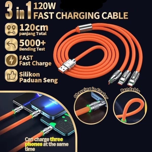 Kabel Charging 3in1  Kabel Type C Lightning Micro USB Fast Charge 120W