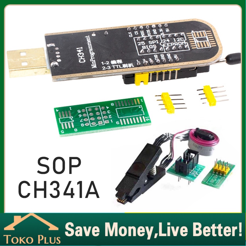 Paket komplit Alat Flash bios IC CH341 CH341A USB Programmer Flasher Bios Eprom Plus soket jepit