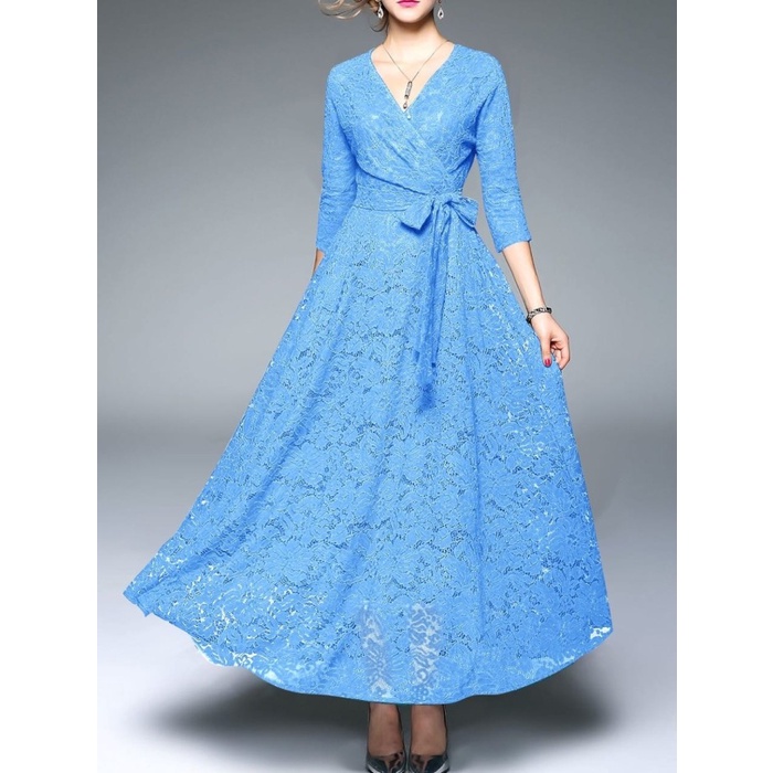 Maxi Dress Wanita Mx Brukat Furing Longdress Brokat Baju Pesta Party - Biru Muda, M