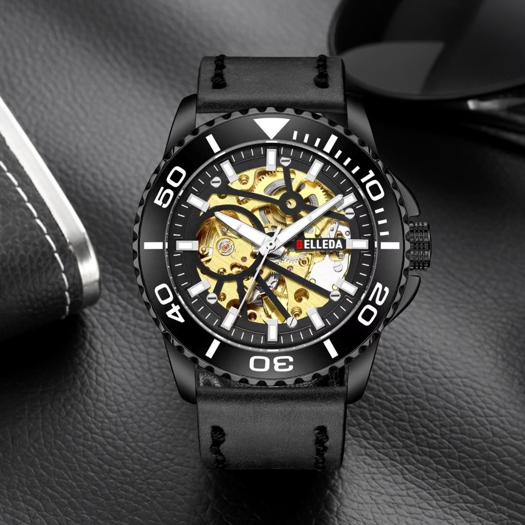 Jam Tangan Belleda 9485 Strap Kulit Sakelton Automatic Anti Air 3Atm