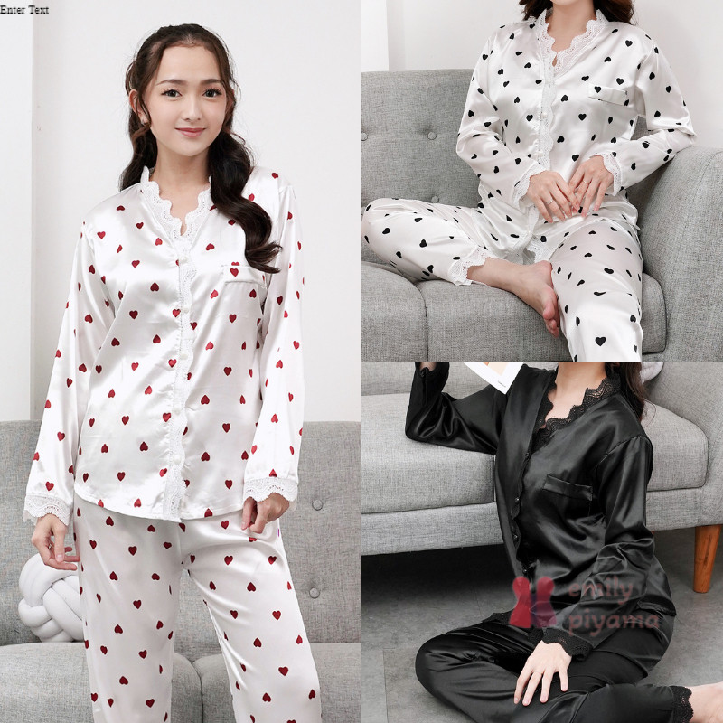 EMILY PIYAMA Baju Tidur Set Piyama Bahan Satin Model Polos Lengan Panjang Celana Panjang Premium Pak