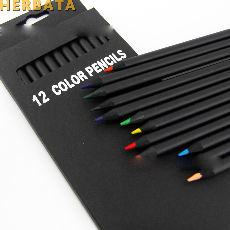 

12 Pcs/Set Valued Color Pencil Packaging 12 Different Colours Colored Pencils Kawaii School Black Wooden Pencils High Quality
