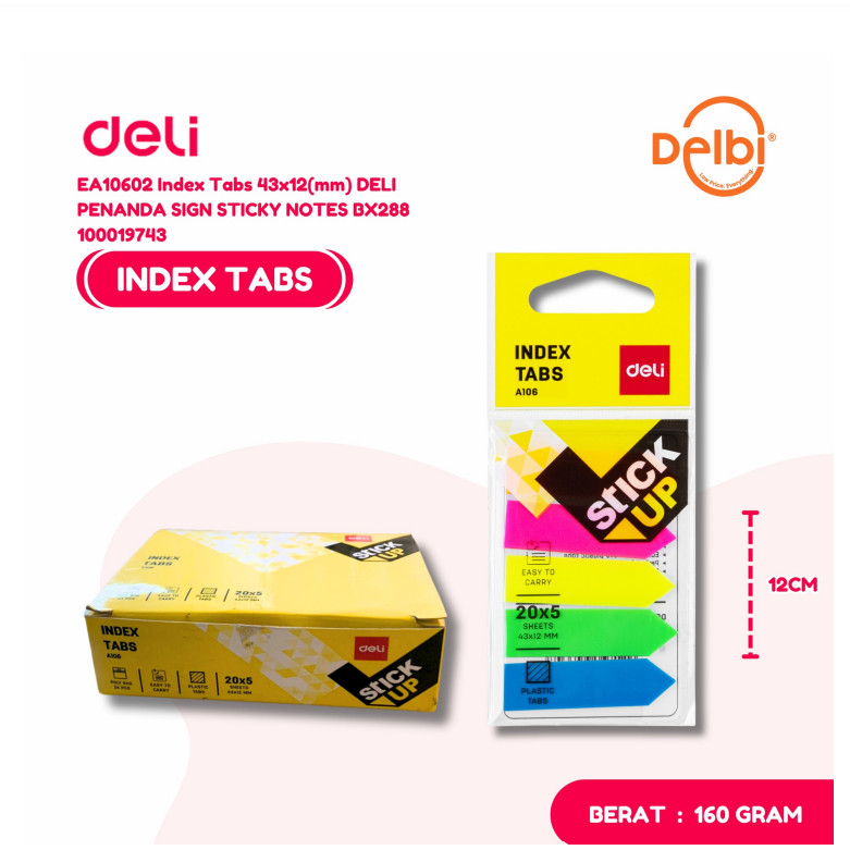 

Deli Index Tab Sticky 43 × 12mm/ 5×20sheets 5 Warna Perekat Kuat Tahan Lama EA10602 EA10602 Index Tabs 43x12(mm) DELI PENANDA SIGN STICKY NOTES