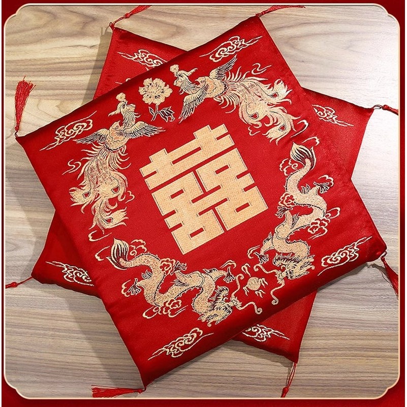 

Set of 2 Chinese Wedding Tea Ceremony Red Double Happiness Dragon Phoenix Kneeling Cushion Pad Red Pad Vietnamese