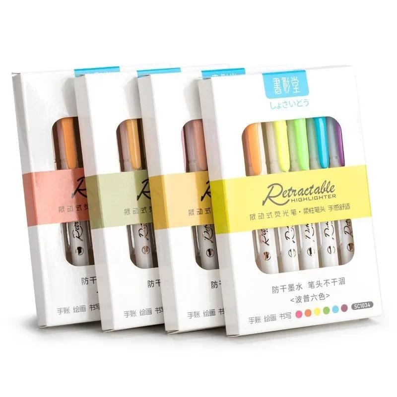 

6Colors/set Morandi Retractable Highlighters Fluorescent Pen Manga Markers for Drawing Doodling Coloring Kawaii Stationery