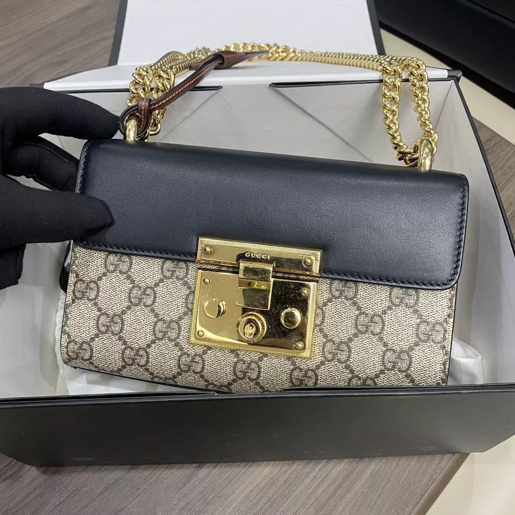 【bekas asli】（409487） GUCCI Gembok Tas Kotak Cahaya Bulan/Tas Rantai Coklat/Tas Bahu/Tas Selempang/Ta