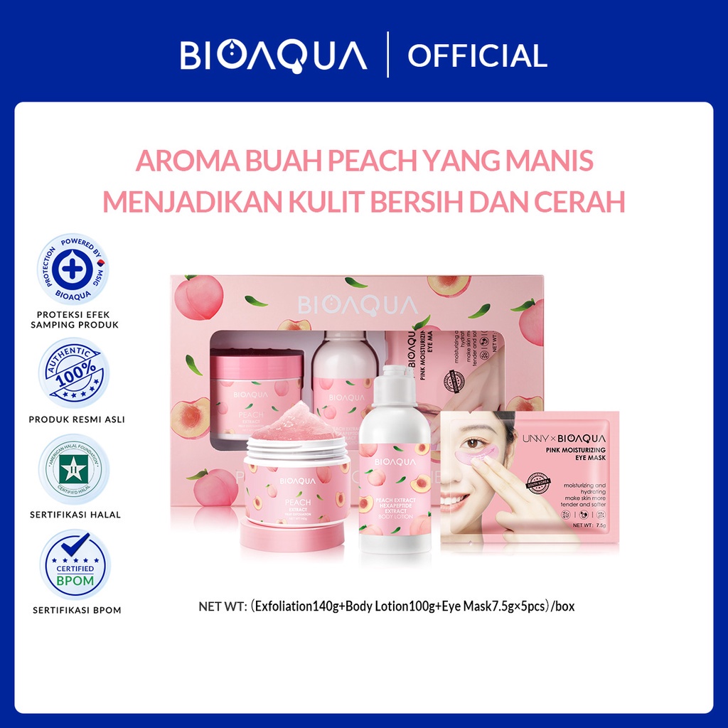 BIOAQUA Peach Body Care Series Set With Body Scrub/Body Lotion/Eye Mask Menghidrasi dan Melembapkan