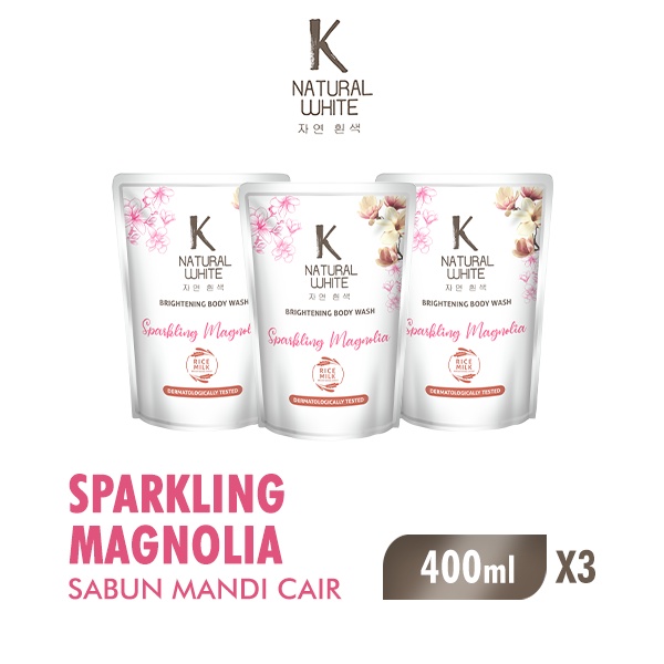 K Natural White Sabun Mandi Cair Magnolia Pouch 400 ml x3