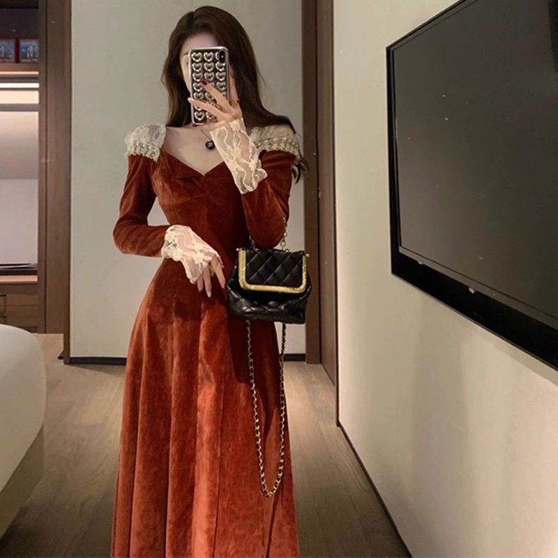 Women's French retro style elegant gold velvet dress