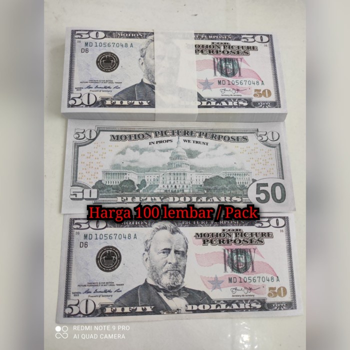 Uang Mainan Dolar / Dollar Amerika isi 100 / Uang Seserahan / Mahar -  50 dollar