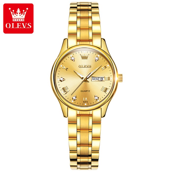 [Watch Mall] Jam Tangan Wanita Original OLEVS Anti Air Emas Stainless Steel 5563 - Kuning