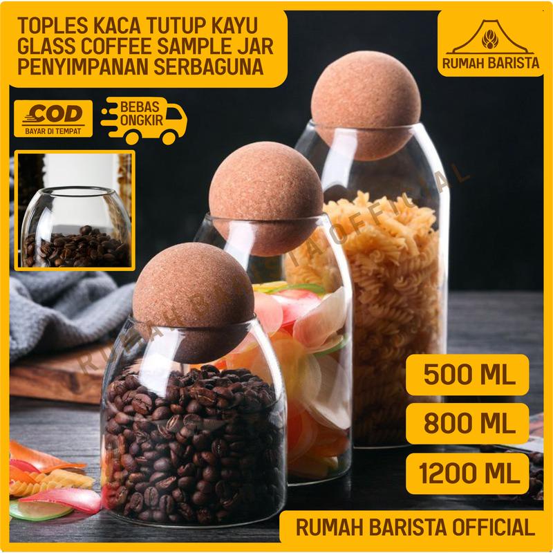 Toples Kaca Unik Tutup Bola Kayu 500ML 800ML 1.2L Wadah Unik - Toples Kopi Kue Permen Snack Bumbu Da