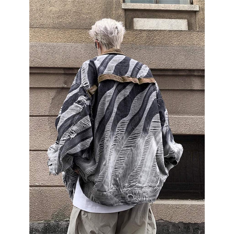 Men's American style patchwork lapel gradient jacket versatile denim jacket