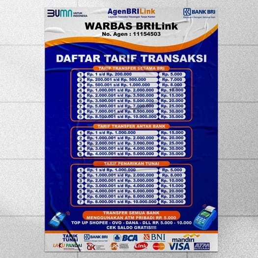

STIKER / POSTER DAFTAR TARIF HARGA TRANSAKSI BRILINK, MENU MAKANAN UKURAN A4/A5 BISA CUSTOM PROMO COD GRATIS ONGKIR