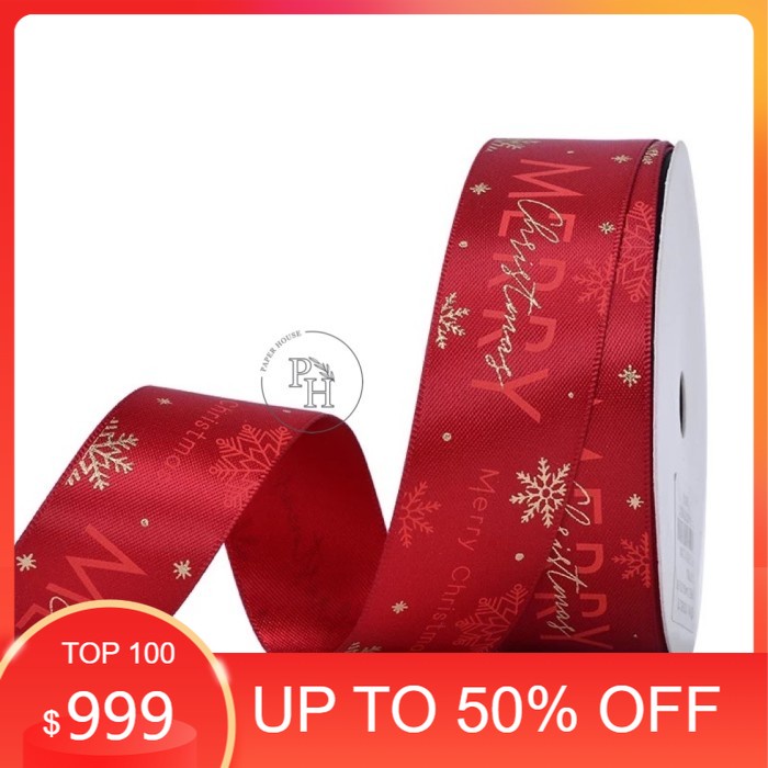 

HADIAH NATAL/DEKORASI NATAL/ Pita Merry Christmas Premium Satin / Pita Natal Emboss Gold / 2.5c - Red, 10Yard (9Meter)