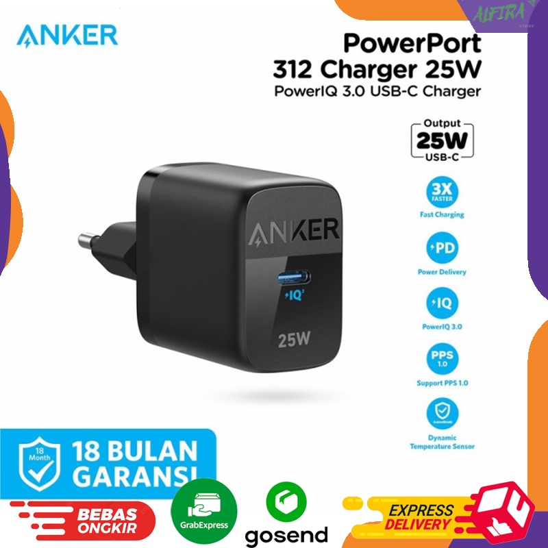 Anker 312 Charger 25W PPS PD SFC Fast Charging USB Type-C Compatible dengan segala jenis Smartphone dan Tablet