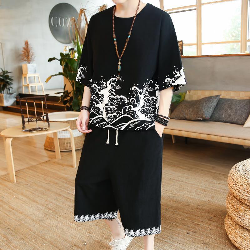 Men's short sleeved T-shirt men's linen set