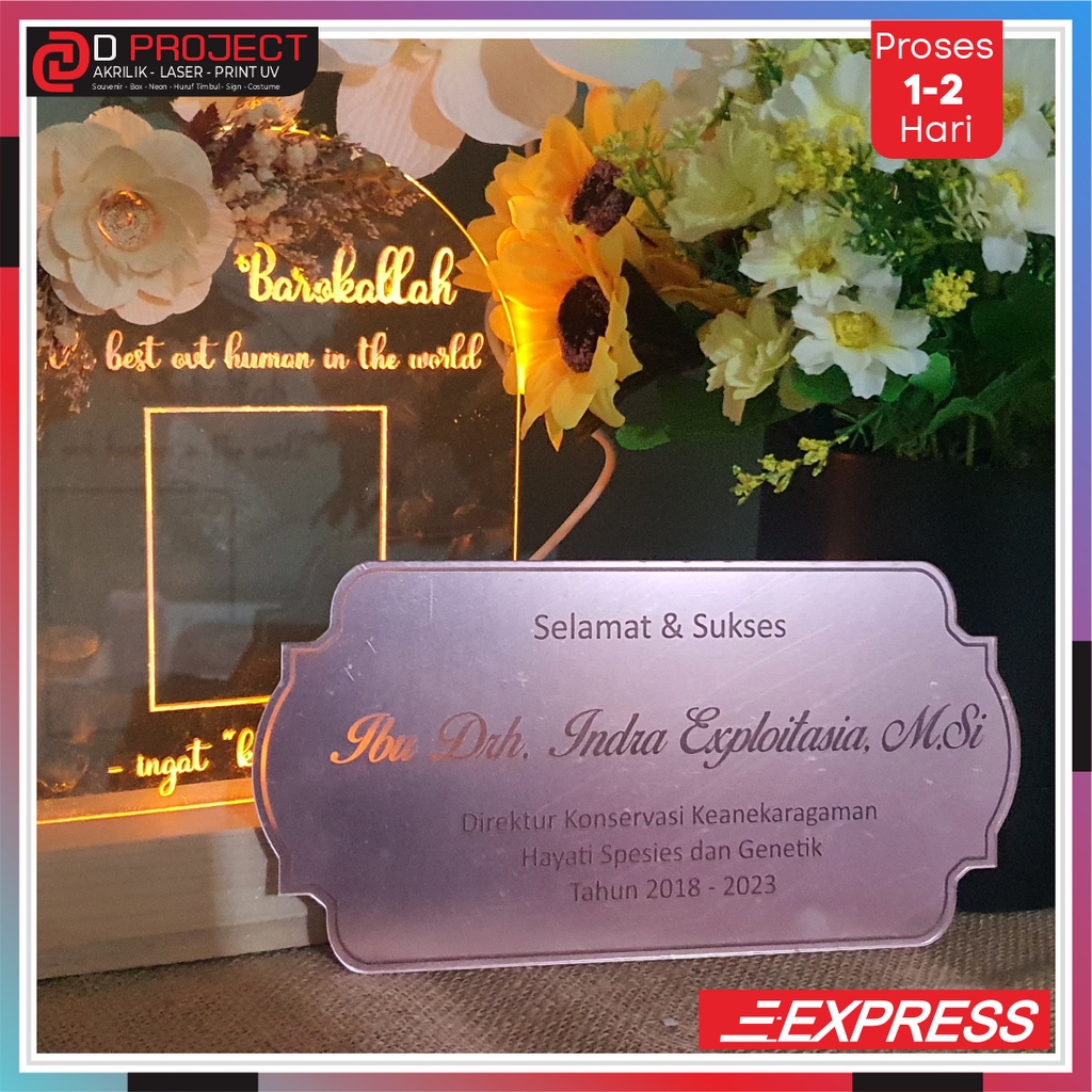 grafir Plat Nama Mirror Gold/Akrilik untuk Mahar/Seserahan Ukir Grafir Lasercut