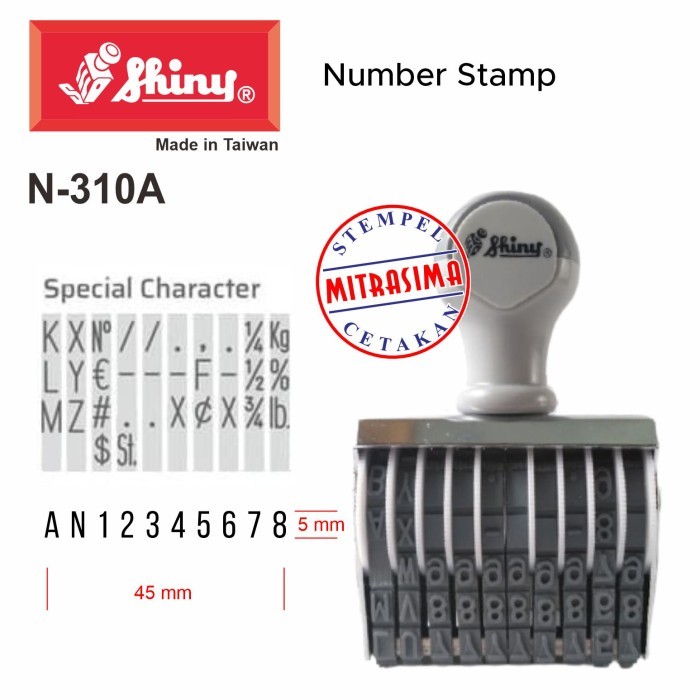 

Stempel Shiny N-310A N310A nomor & Huruf manual 10 digit 5mm N 310A